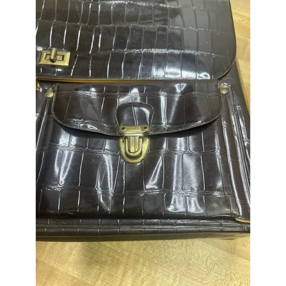 BROWN CROCO PRINT FAUSE LEATHER‎ VINTAGE CELEBRITY 2 POCKETS FLAP BRIEFCASE